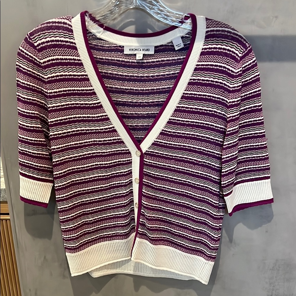 Veronica Beard Purple and White Striped Cardigan Sweater